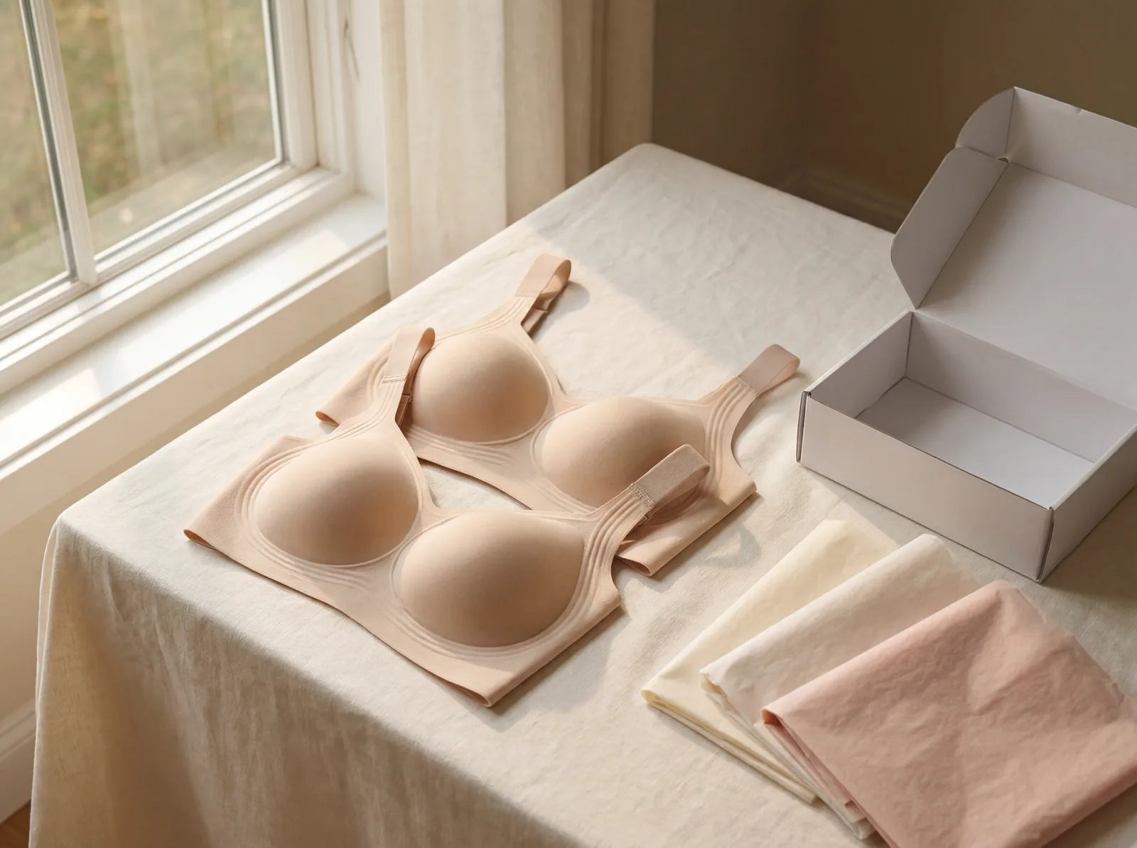 Two SHEFORMA Jelly Bras in different sizes beside an open shipping box and tissue paper on cream linen
