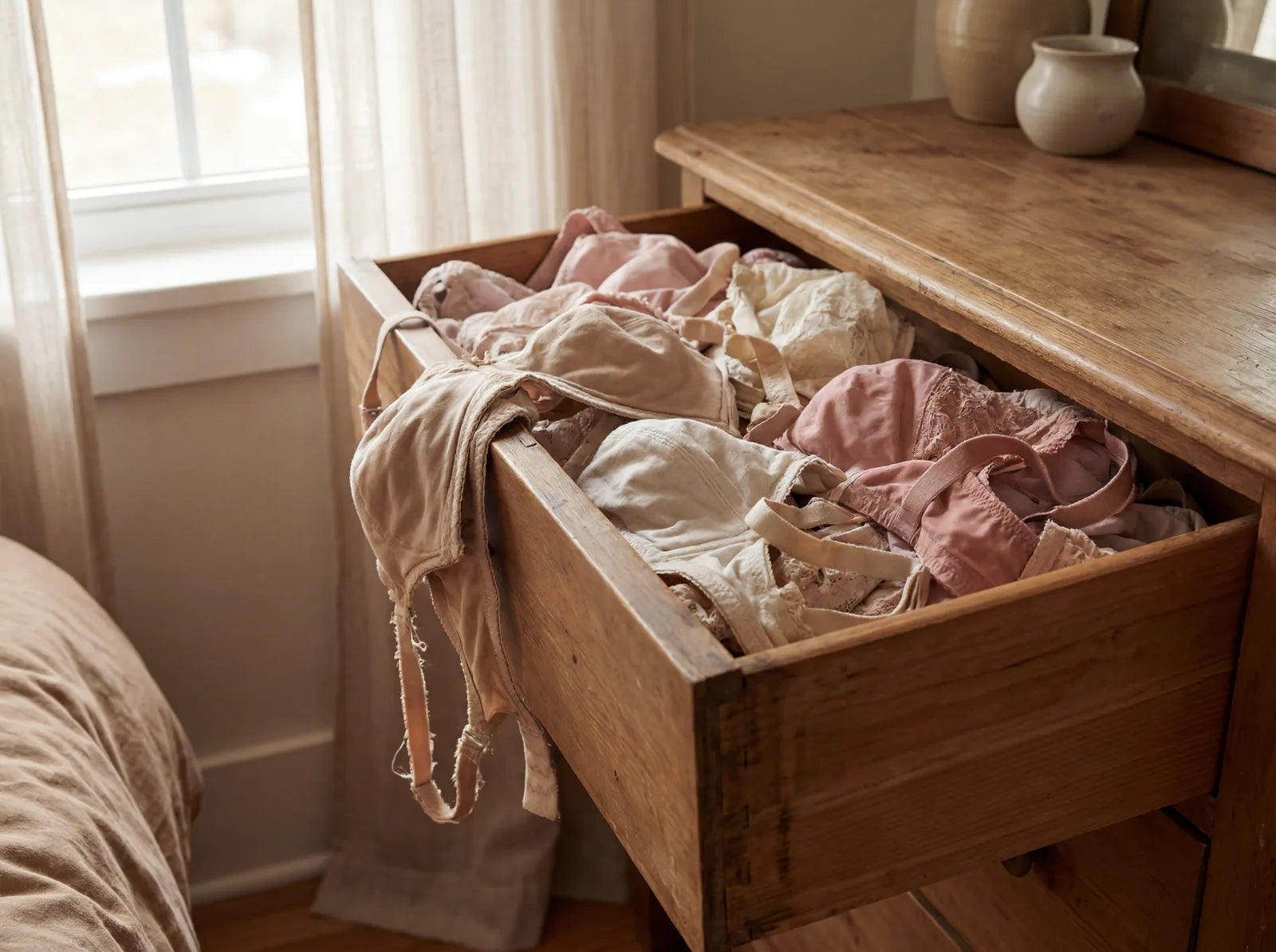 An open wooden dresser drawer overflowing with discarded bras, one hanging limply over the edge